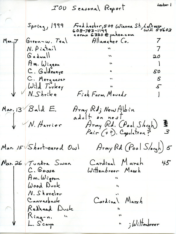 An annotated list of birds sighted by Fred Lesher. This item was used as supporting documentation for the Iowa Ornithologists' Union Quarterly field report of spring 1999.