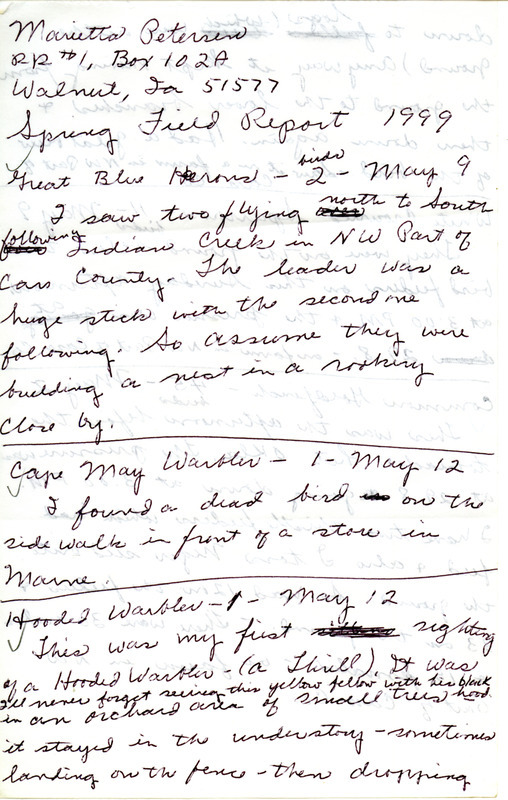 An annotated list of birds sighted by Marietta Petersen. This item was used as supporting documentation for the Iowa Ornithologists' Union Quarterly field report of spring 1999.