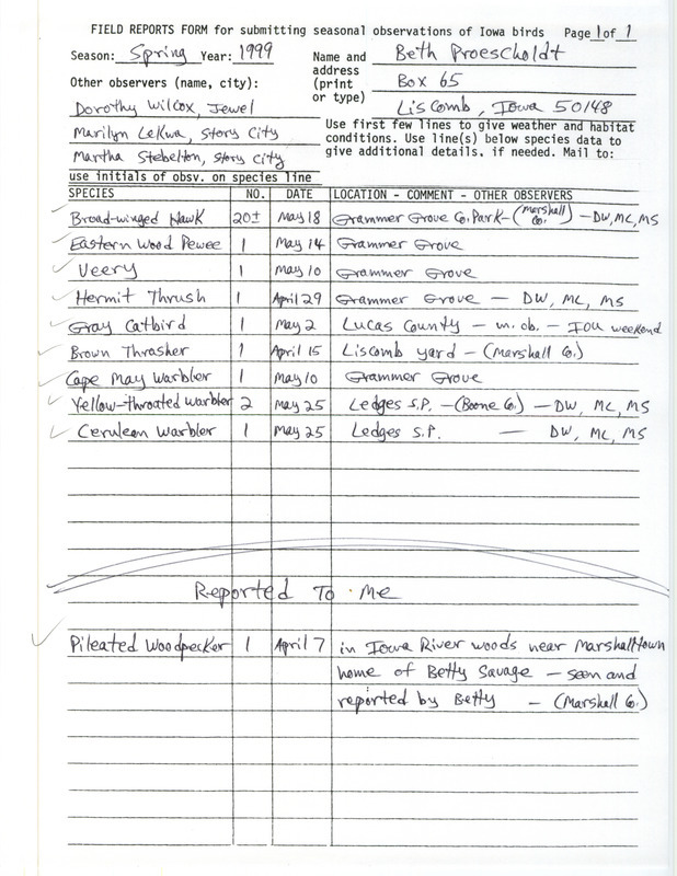 An annotated list of birds sighted by Beth Proescholdt and others. This item was used as supporting documentation for the Iowa Ornithologists' Union Quarterly field report of spring 1999.