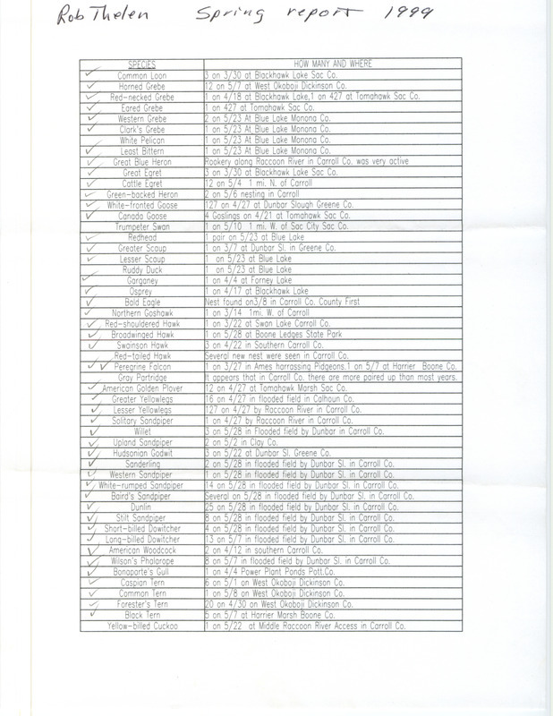 An annotated list of birds sighted by Rob Thelen. This item was used as supporting documentation for the Iowa Ornithologists' Union Quarterly field report of spring 1999.