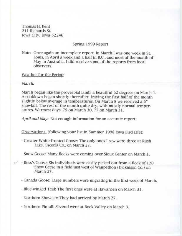 An annotated list of birds sighted by John Van Dyk dated June 1, 1999. This item was used as supporting documentation for the Iowa Ornithologists' Union Quarterly field report of spring 1999.