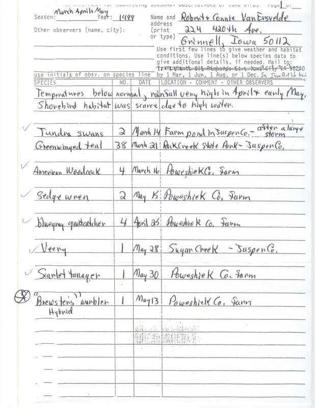 An annotated list of birds sighted by Robert and Connie VanErsvelde. This item was used as supporting documentation for the Iowa Ornithologists' Union Quarterly field report of spring 1999.