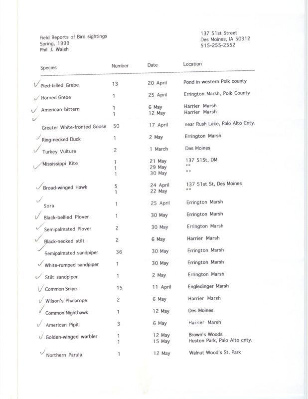 An annotated list of birds sighted by Phil Walsh. This item was used as supporting documentation for the Iowa Ornithologists' Union Quarterly field report of spring 1999.