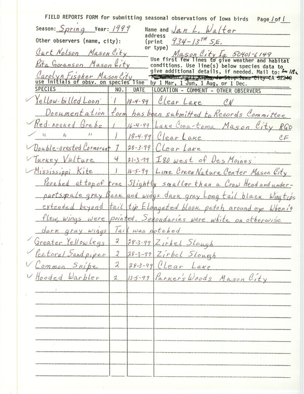 An annotated list of birds sighted by Jan Walter and three others. This item was used as supporting documentation for the Iowa Ornithologists' Union Quarterly field report of spring 1999.