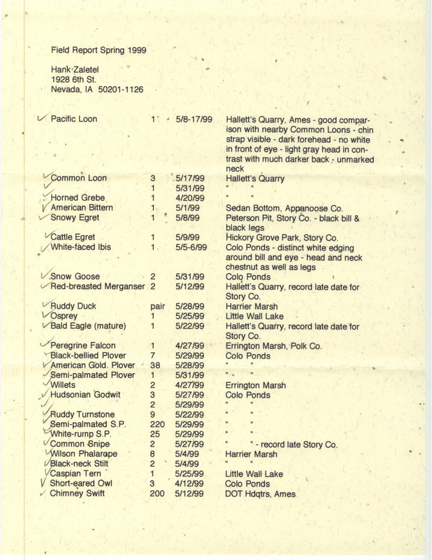 An annotated list of birds sighted by Hank Zaletel. This item was used as supporting documentation for the Iowa Ornithologists' Union Quarterly field report of spring 1999.