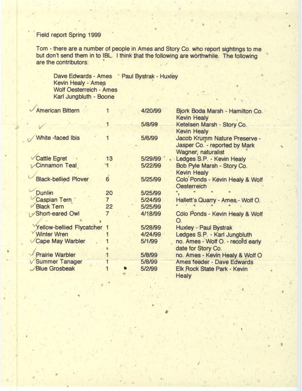 An annotated list of bird sightings reported to Hank Zaletel. This item was used as supporting documentation for the Iowa Ornithologists' Union Quarterly field report of spring 1999.