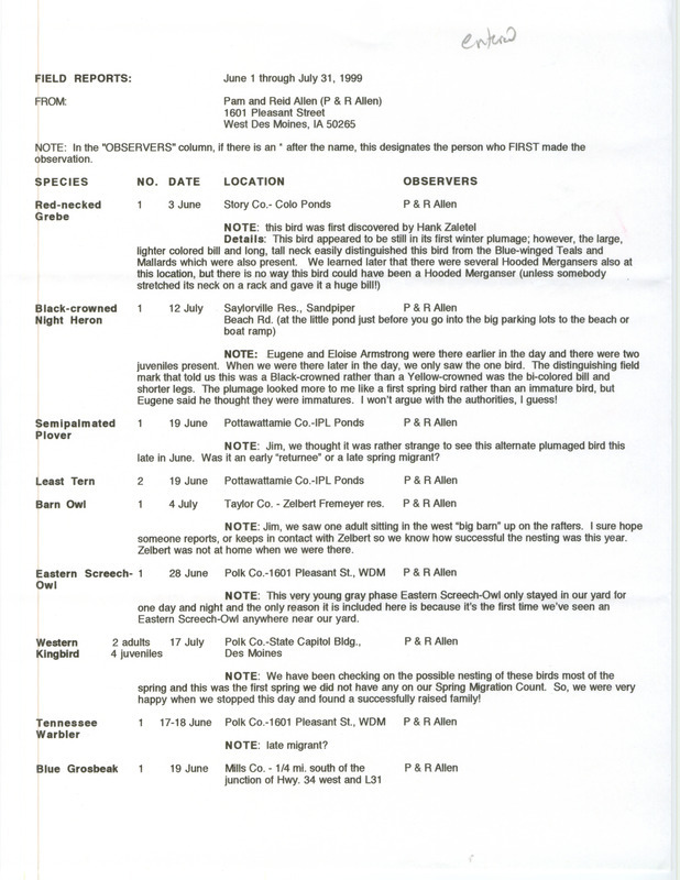 An annotated list of birds sighted by Pam and Reid Allen. This item was used as supporting documentation for the Iowa Ornithologists' Union Quarterly field report of summer 1999.