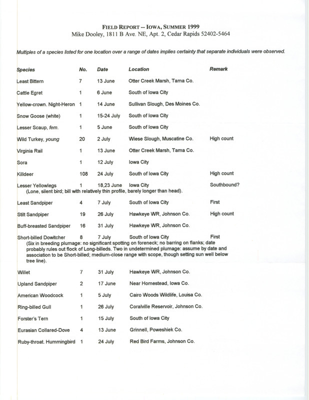 An annotated list of birds sighted by Mike Dooley. This item was used as supporting documentation for the Iowa Ornithologists' Union Quarterly field report of summer 1999.