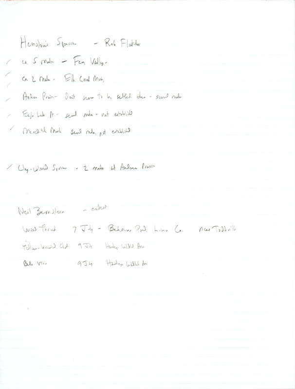 An annotated list of birds sighted by Rob Fletcher. This item was used as supporting documentation for the Iowa Ornithologists' Union Quarterly field report of summer 1999.