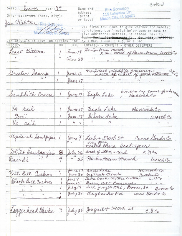 An annotated list of birds sighted by Rita Goranson and Jan Walter. This item was used as supporting documentation for the Iowa Ornithologists' Union Quarterly field report of summer 1999.