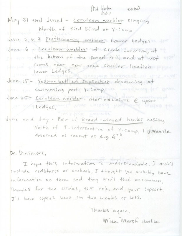 An annotated list of birds sighted by Mike Havlik. This item was used as supporting documentation for the Iowa Ornithologists' Union Quarterly field report of summer 1999.