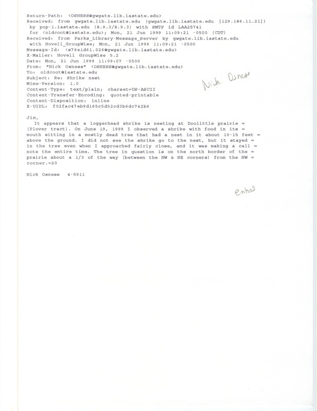 Printout of an email from Nick Osness to Jim Dinsmore dated June 21, 1999. Osness reports sighting a Loggerhead Shrike near a nest at Doolittle Prairie. This item was used as supporting documentation for the Iowa Ornithologists' Union Quarterly field report of summer 1999.