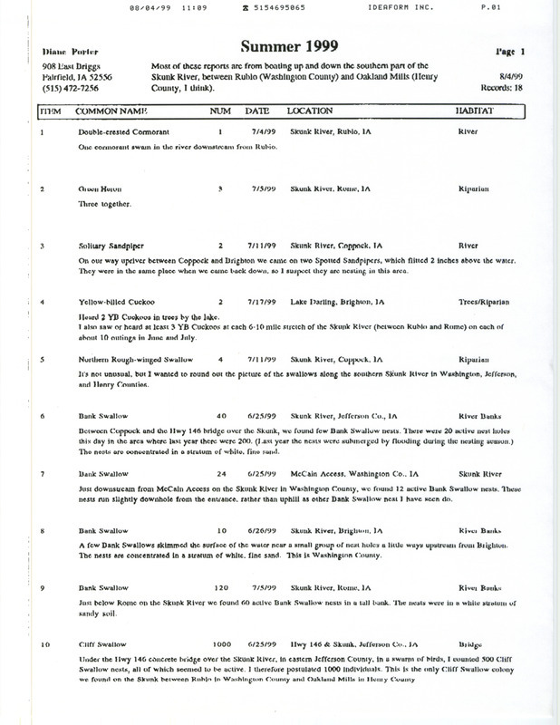 An annotated list of birds sighted by Diane Porter dated August 4, 1999. This item was used as supporting documentation for the Iowa Ornithologists' Union Quarterly field report of summer 1999.