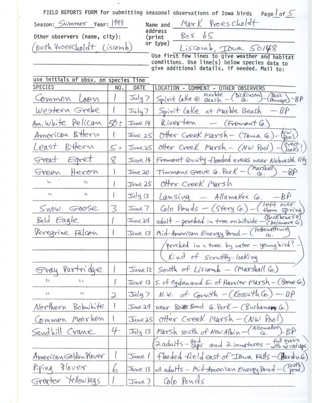 An annotated list of birds sighted by Mark and Beth Proescholdt. This item was used as supporting documentation for the Iowa Ornithologists' Union Quarterly field report of summer 1999.