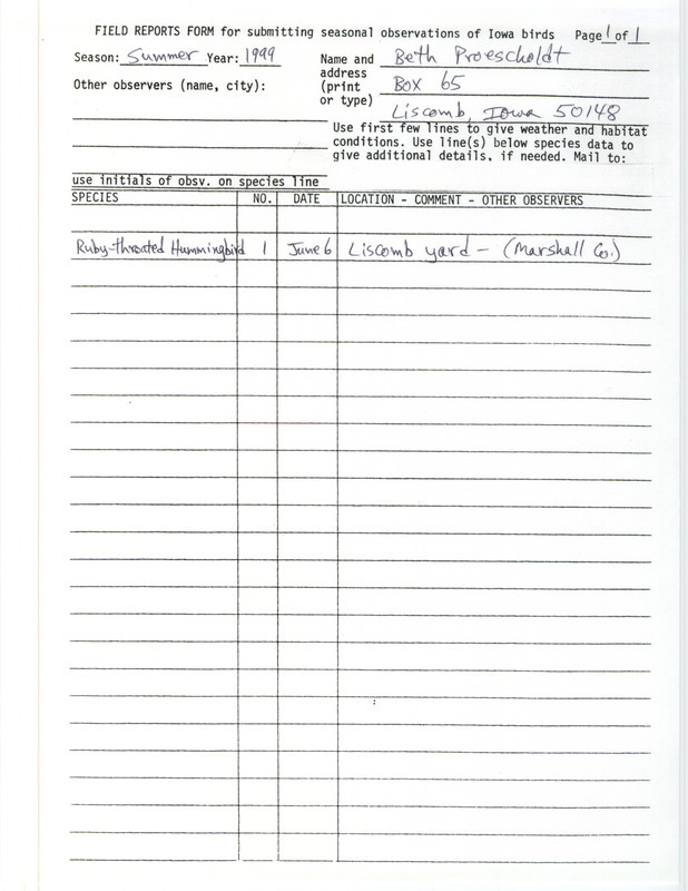 An annotated list of birds sighted by Beth Proescholdt. This item was used as supporting documentation for the Iowa Ornithologists' Union Quarterly field report of summer 1999.