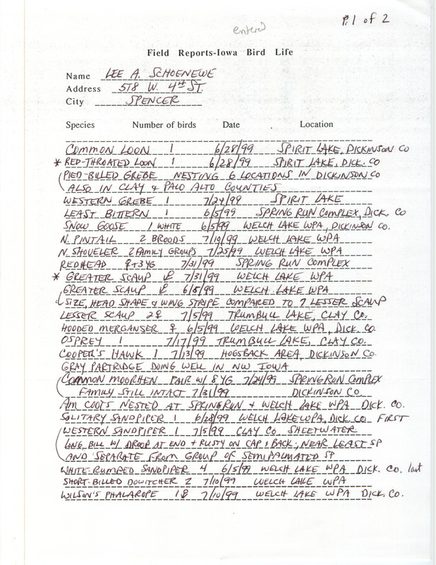 An annotated list of birds sighted by Lee Schoenewe. This item was used as supporting documentation for the Iowa Ornithologists' Union Quarterly field report of summer 1999.