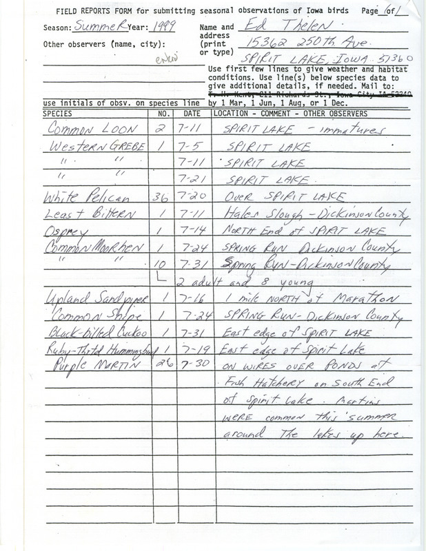 An annotated list of birds sighted by Ed Thelen. This item was used as supporting documentation for the Iowa Ornithologists' Union Quarterly field report of summer 1999.