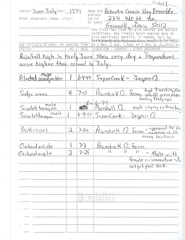 An annotated list of birds sighted by Robert and Connie VanErsvelde. This item was used as supporting documentation for the Iowa Ornithologists' Union Quarterly field report of summer 1999.