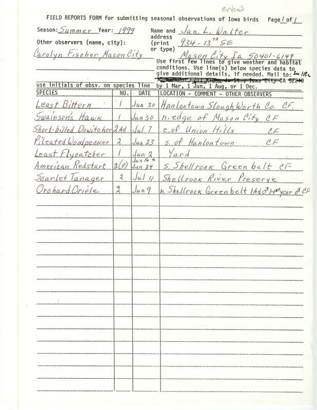 An annotated list of birds sighted by Jan Walter and Carolyn Fischer. This item was used as supporting documentation for the Iowa Ornithologists' Union Quarterly field report of summer 1999.