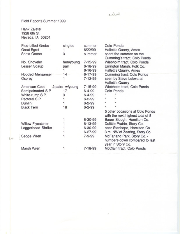 An annotated list of birds sighted by Hank Zaletel. This item was used as supporting documentation for the Iowa Ornithologists' Union Quarterly field report of summer 1999.