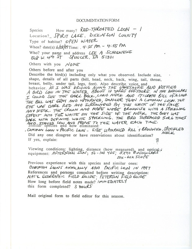 Documentation dated June 28, 1999 for the sighting of a Red-throated Loon at Spirit Lake by Lee Schoenewe. This item was used as supporting documentation for the Iowa Ornithologists' Union Quarterly field report of summer 1999.