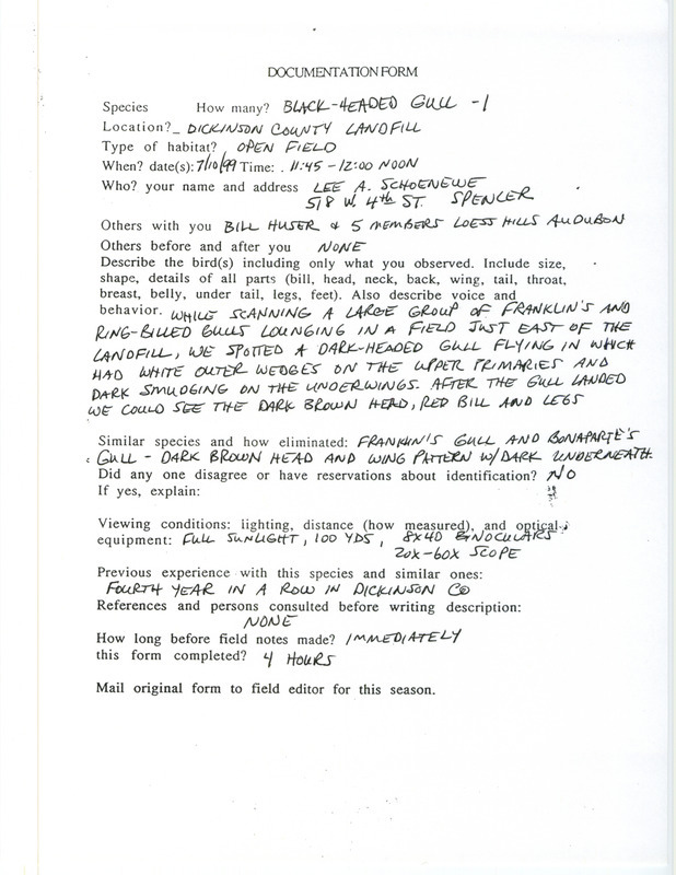 Documentation dated July 10, 1999 for the sighting of a Black-headed Gull in Dickinson County by Lee Schoenewe. This item was used as supporting documentation for the Iowa Ornithologists' Union Quarterly field report of summer 1999.