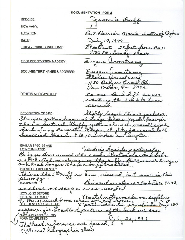 Documentation dated July 17, 1999 for the sighting of a Ruff at Harrier March by Eugene Armstrong. This item was used as supporting documentation for the Iowa Ornithologists' Union Quarterly field report of summer 1999.