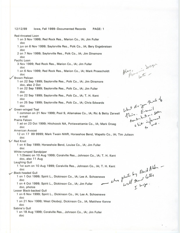 A list of documented bird sightings dated December 12, 1999. This item was used as supporting documentation for the Iowa Ornithologists' Union Quarterly field report of fall 1999.