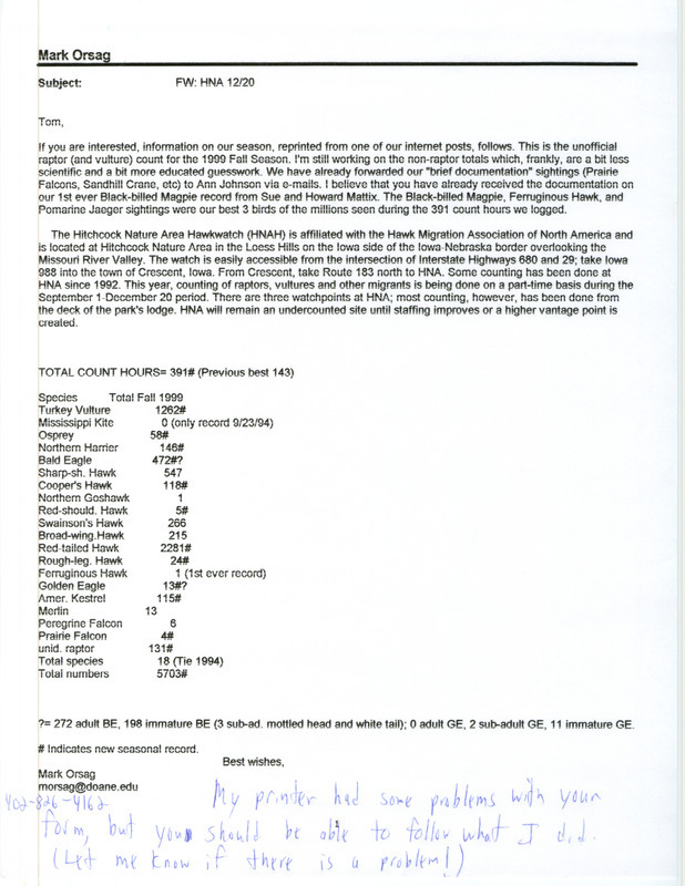 Printout of an email from Mark Orsag to Thomas Kent dated December 20, 1999. Orsag sends Kent a raptor County and mentions other bird sighting reports he has sent in. This item was used as supporting documentation for the Iowa Ornithologists' Union Quarterly field report of fall 1999.