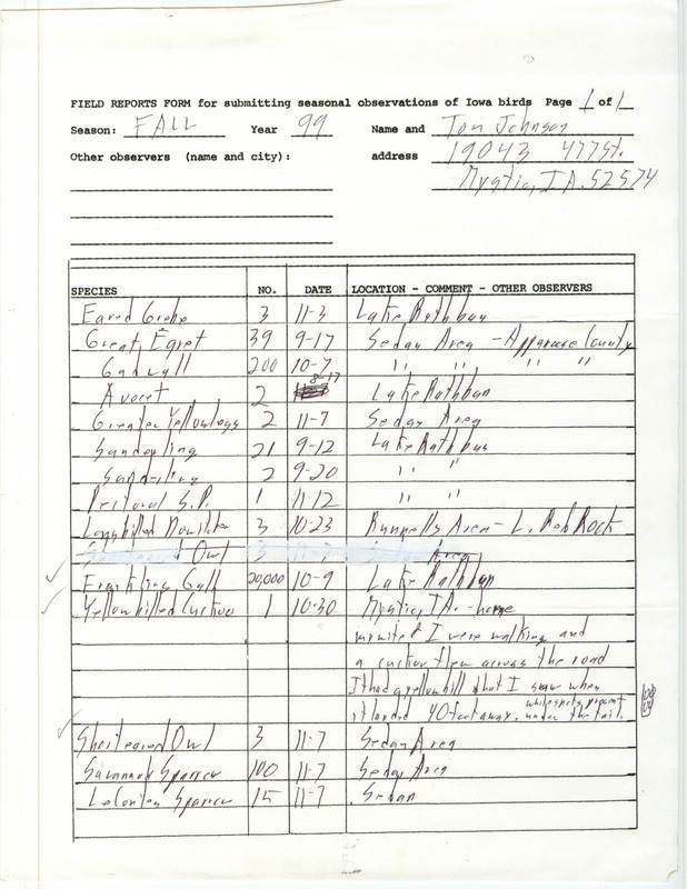 An annotated list of birds sighted by Tom Johnson. This item was used as supporting documentation for the Iowa Ornithologists' Union Quarterly field report of fall 1999.