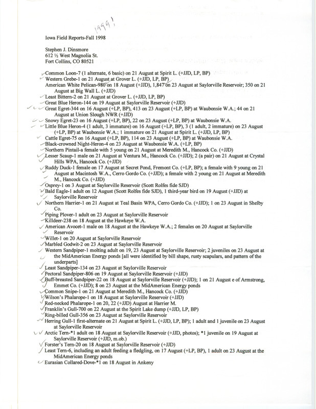 An annotated list of birds sighted by Stephen Dinsmore and others. This item was used as supporting documentation for the Iowa Ornithologists' Union Quarterly field report of fall 1999.