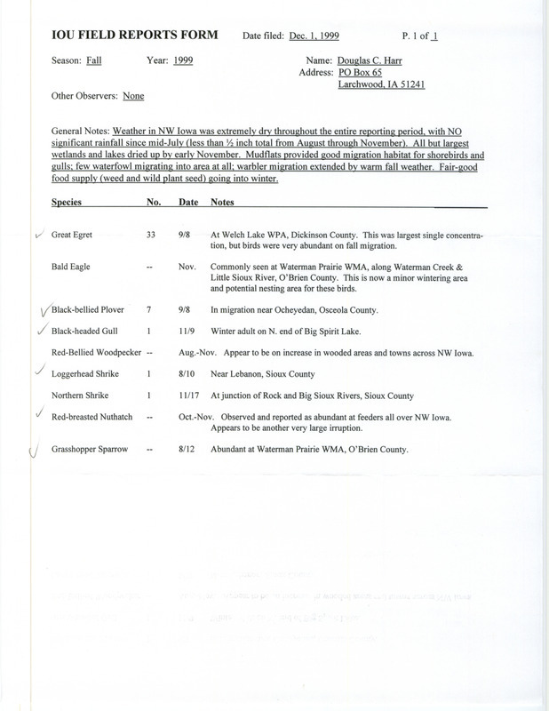 An annotated list of birds sighted by Douglas Harr dated December 1, 1999. This item was used as supporting documentation for the Iowa Ornithologists' Union Quarterly field report of fall 1999.