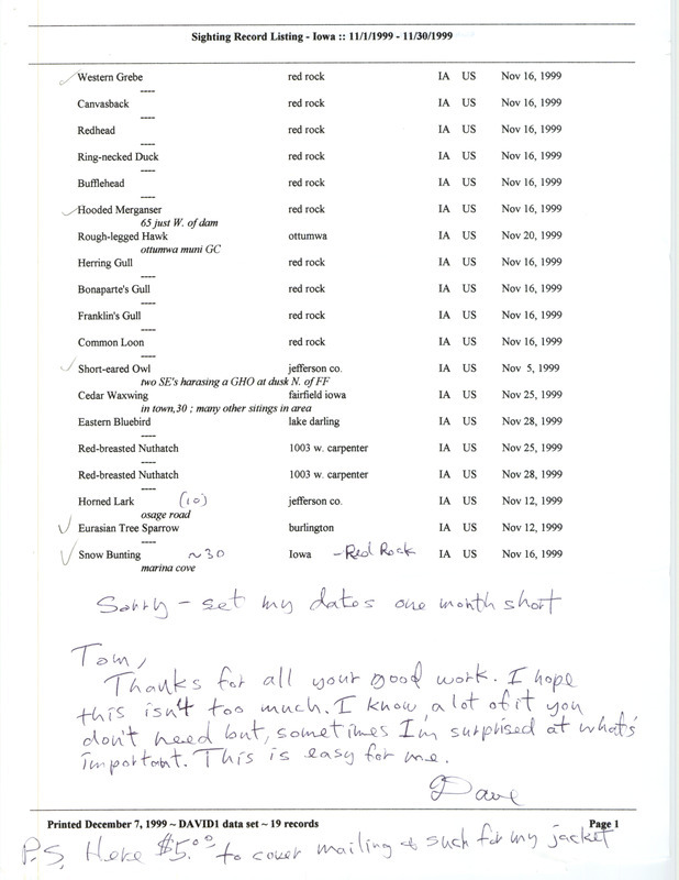 An annotated list of birds sighted by Dave Killman dated December 7, 1999. This item was used as supporting documentation for the Iowa Ornithologists' Union Quarterly field report of fall 1999.