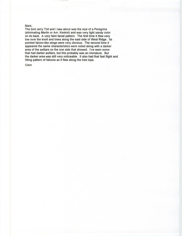 Undated note from Clem Klaphake to Mark Orsag. Klaphake describes sighting a Prairie Falcon. This item was used as supporting documentation for the Iowa Ornithologists' Union Quarterly field report of fall 1999.