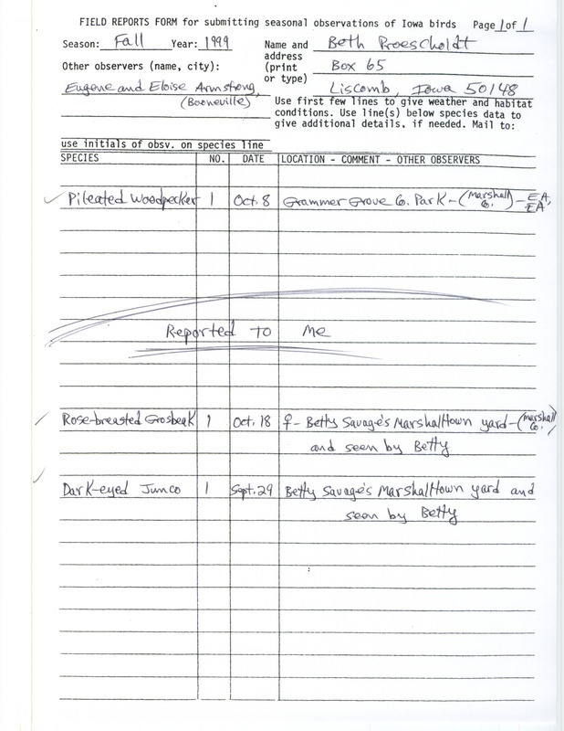 An annotated list of birds sighted by Beth Proescholdt and others. This item was used as supporting documentation for the Iowa Ornithologists' Union Quarterly field report of fall 1999.