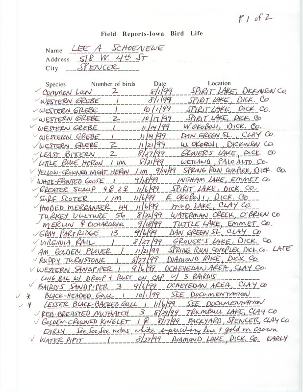 An annotated list of birds sighted by Lee Schoenewe. This item was used as supporting documentation for the Iowa Ornithologists' Union Quarterly field report of fall 1999.