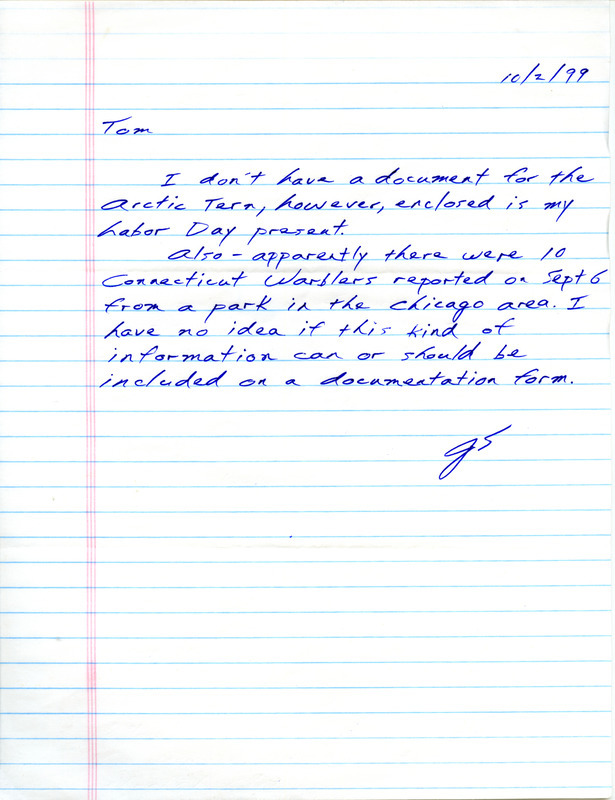 Letter from Jim Sinclair to Thomas Kent dated October 2, 1999. Sinclair discusses bird documentation. This item was used as supporting documentation for the Iowa Ornithologists' Union Quarterly field report of fall 1999.