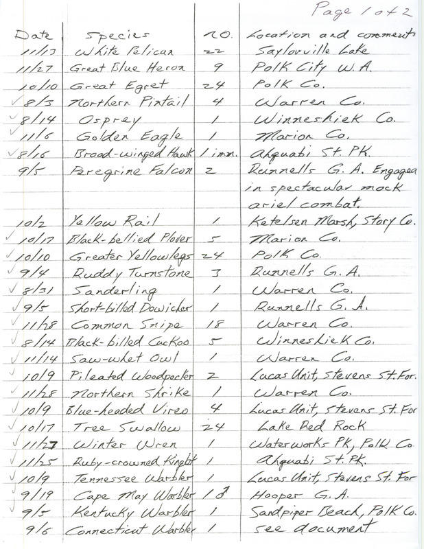 An annotated list of birds sighted by Jim Sinclair. This item was used as supporting documentation for the Iowa Ornithologists' Union Quarterly field report of fall 1999.