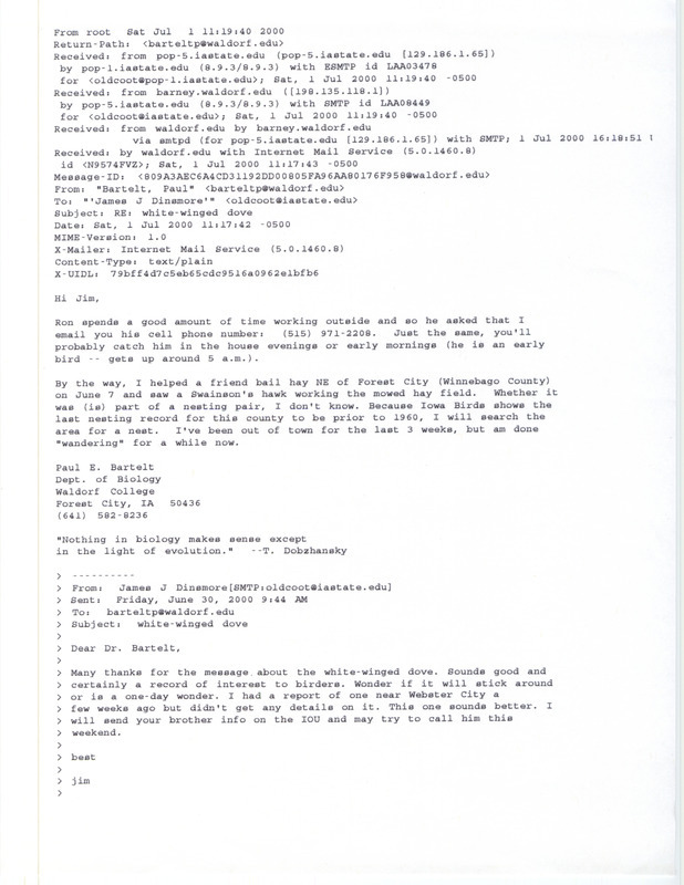 Email from Paul Bartelt to James J. Dinsmore regarding a Swainson's Hawk sighting, July 1, 2000. This item was used as supporting documentation for the Iowa Ornithologists' Union Quarterly field report of summer 2000.