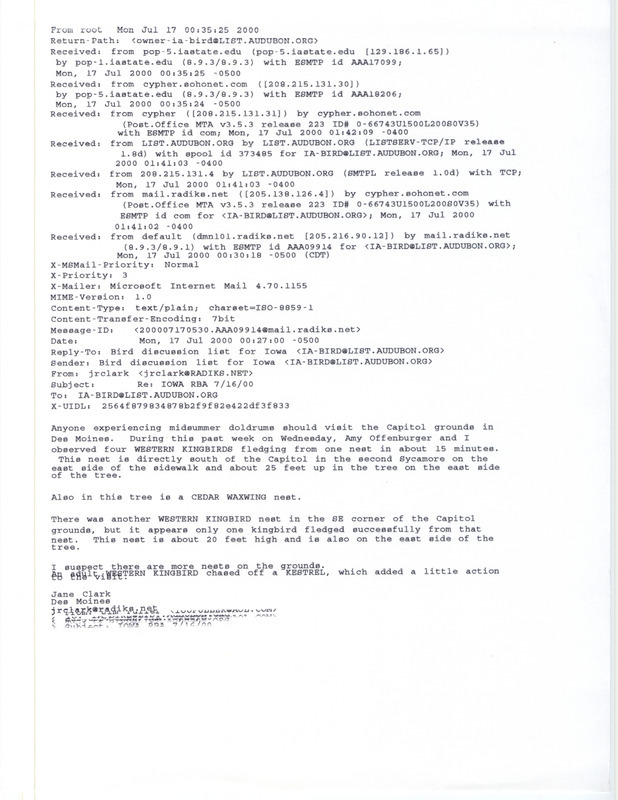 Email from Jane Clark to the IA-BIRD mailing list regarding bird sightings at the Iowa State Capitol grounds, July 17, 2000. This item was used as supporting documentation for the Iowa Ornithologists' Union Quarterly field report of summer 2000.