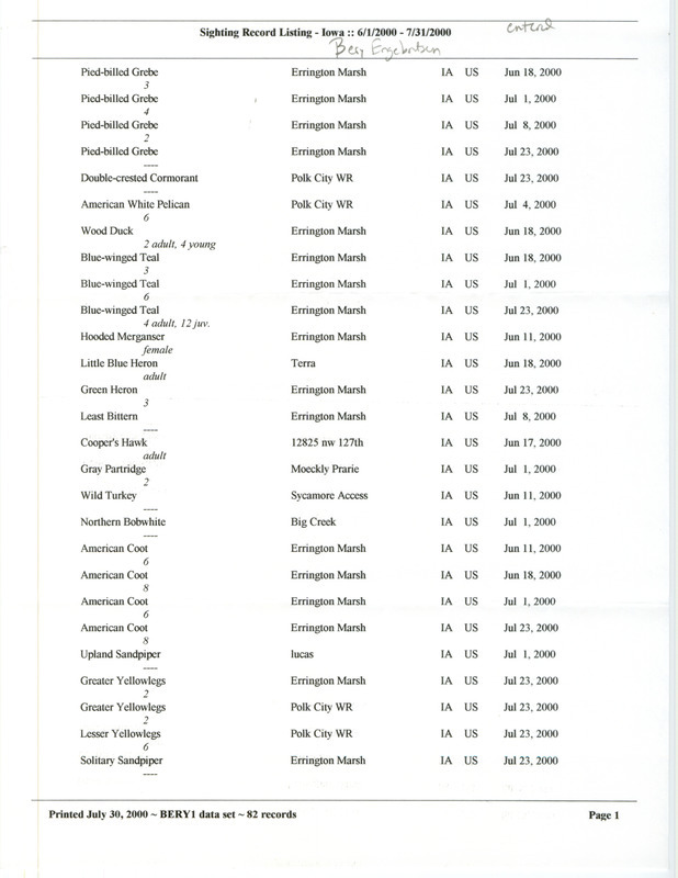 Summer report of birds found in central Iowa contributed by Bery Engebretsen. This item was used as supporting documentation for the Iowa Ornithologists' Union Quarterly field report of summer 2000.