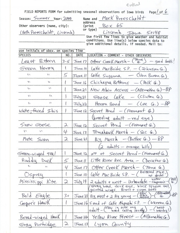 Summer report of birds and locations contributed by Mark Proescholdt. This item was used as supporting documentation for the Iowa Ornithologists' Union Quarterly field report of summer 2000.