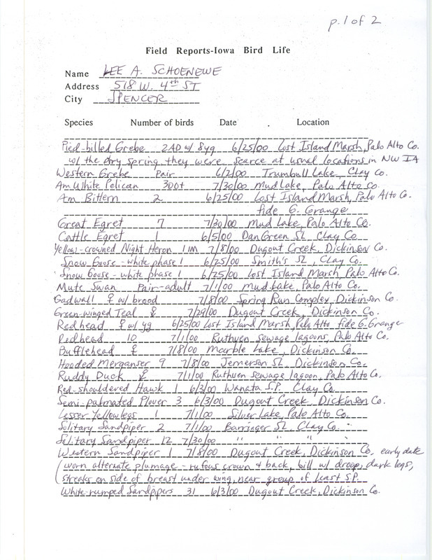 Summer report of birds found in northwest Iowa contributed by Lee A. Schoenewe. This item was used as supporting documentation for the Iowa Ornithologists' Union Quarterly field report of summer 2000.