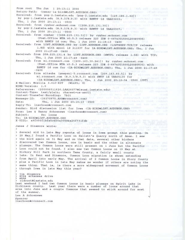 Email from Lee Schoenewe to the IA-BIRD mailing list regarding a Common Loon sighting, June 1, 2000. This item was used as supporting documentation for the Iowa Ornithologists' Union Quarterly field report of summer 2000.