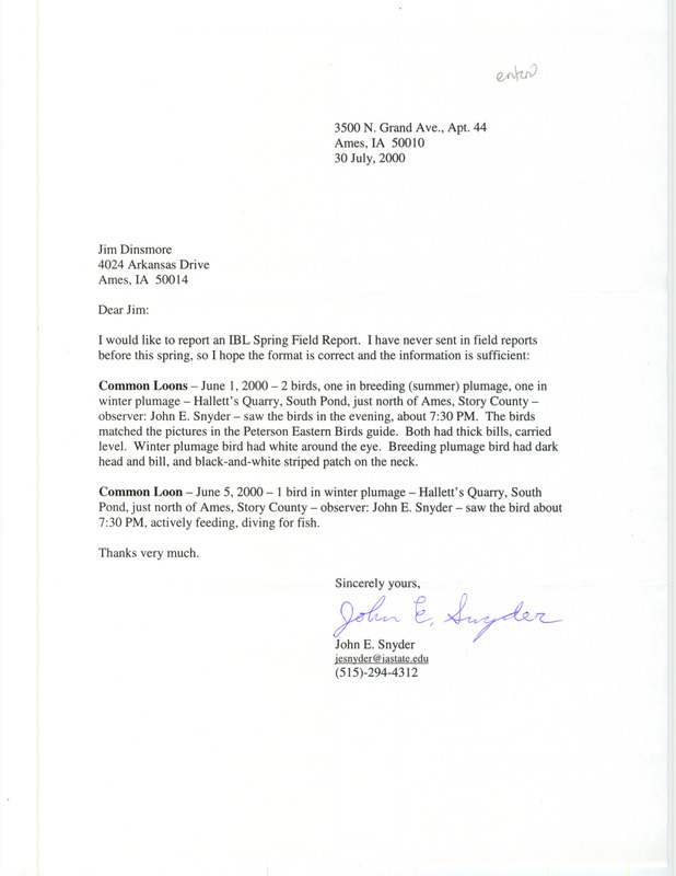 Letter from John E. Snyder to James J. Dinsmore regarding Common Loon sightings, July 30, 2000. This item was used as supporting documentation for the Iowa Ornithologists' Union Quarterly field report of summer 2000.