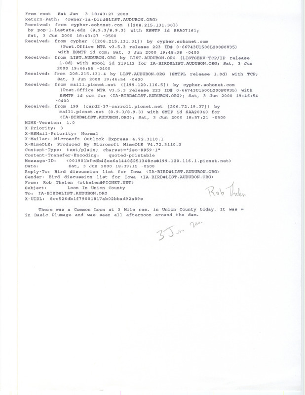 Email from Rob Thelen to the IA-BIRD mailing list regarding a Common Loon sighting, June 3, 2000. This item was used as supporting documentation for the Iowa Ornithologists' Union Quarterly field report of summer 2000.