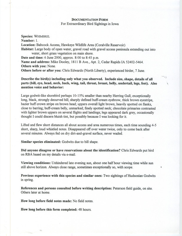 Documentation of a Whimbrel sighting contributed by Michael C. Dooley, June 6, 2000. This item was used as supporting documentation for the Iowa Ornithologists' Union Quarterly field report of summer 2000.