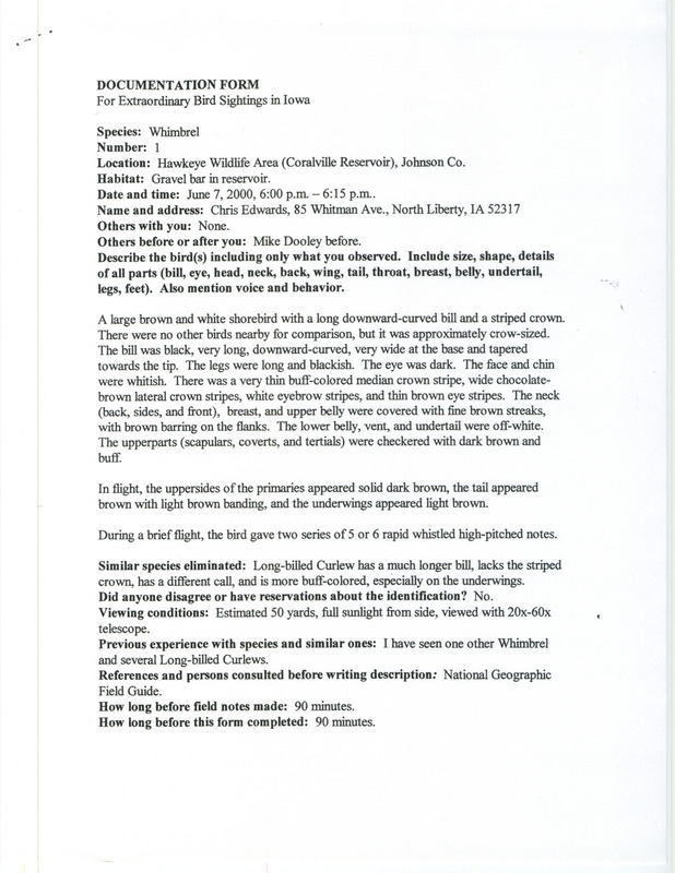 Documentation of a Whimbrel sighting contributed by Chris Edwards, June 7, 2000. This item was used as supporting documentation for the Iowa Ornithologists' Union Quarterly field report of summer 2000.