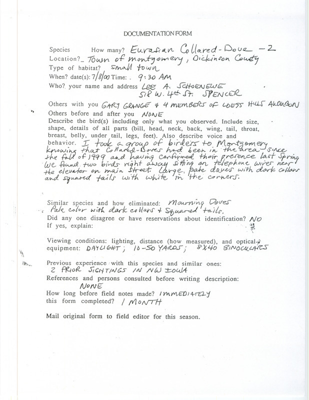 Documentation of the sighting of two Eurasian Collared Doves in Montgomery contributed by Lee Schoenewe. This item was used as supporting documentation for the Iowa Ornithologists Union Quarterly field report of summer 2000.