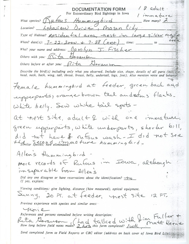 Documentation of a Rufous Hummingbird sighting in Mason City contributed by Carolyn J. Fischer, June 22 and June 28, 2000. This item was used as supporting documentation for the Iowa Ornithologists' Union Quarterly field report of summer 2000.